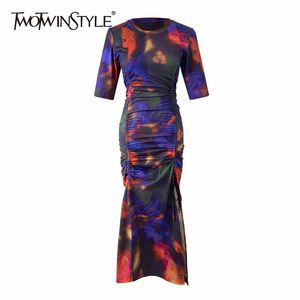 Tie Dye Elegant dragsko klänning för kvinnor O Neck Kortärmad Hög midja Vintage Skriv ut Midi Klänningar Kvinnlig Fashion 210520