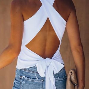 Summer Women Sexy Zwykły Backless Top Femme Bez Rękawów Solidne Otwarte Powrót Wbił Design Tank Damskie Nowe Bowknot Tanie Odzież 210415