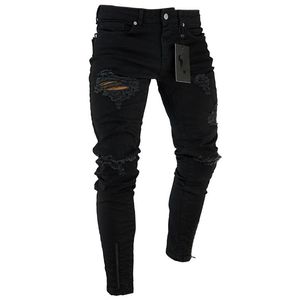 Calça jeans rasgada preta masculina lavada e desfiada com zíper decoração calça elástica de rua