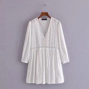 Women Elegant Pure White Hollow Out Cotton Mini Dress High Waist Dot Embroidery V-neck Long Sleeve Summer Dress Femme Vestidos 210521