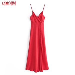 Tangada Women Solid Red Satin Side Buttons Long Dress Strap Adjust Sleeveless Fashion Lady Elegant Dresses Vestido 3H263 210609