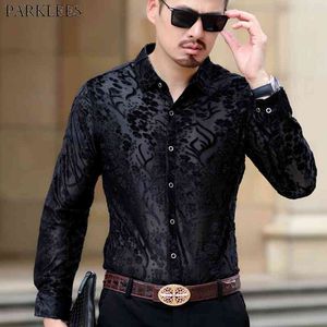 Luxury Seaweed Floral Embroidery Lace Shirt Men Sexy See Through Transparent Mens Dress Shirts Club Party Dinner Chemise Homme 210522