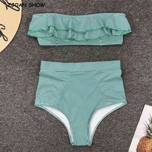 Sweet Green Striped Ruffle Bikini Off Shoulder Push-Up Boho High Waist Swimsuit Strapless Two Piece Swimwear Beachwear 210429