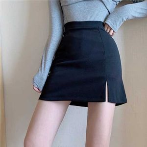 Высокая талия боковой щель юбки женская высокая улица мода задняя молния короткие черные тонкие мини-A-Line STYLE 210604