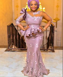 Aso EBI Dusty Syrenki Formalne Suknie Wieczorowe Na Arabskie Afryki Kobiety Aplikacje Koronkowe Koraliki Długie Rękawy Matka Specjalna okazja Dress Crew Neck Plus Size Prom Suknie