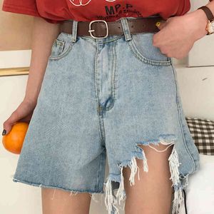 Shorts Kvinnor Koreansk version Ulzzang Loose Hole Wide Ben Kvinna Student Kvinnor Retro Sommar Trendig Högkvalitativ Lady Denim 210510