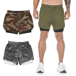 Shorts de corrida camuflados de 15 cores masculinos 2 em 1 de dois andares secagem rápida academia esporte fitness jogging treino esportes calças curtas M-5XL DK001