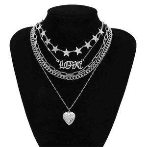 Multi Layer punk kedja med hjärta stjärnor för kvinnor män hänglås kärlek hänge halsband uttalande gotiska coola mode smycken y1208