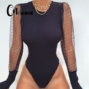 Cnyishe Kış Modern Ofis Bayan Bodysuit Kadınlar Moda Uzun Kollu Mesh Nokta Baskı Streetwear Tulumlar Sıska İnce Romper 210728