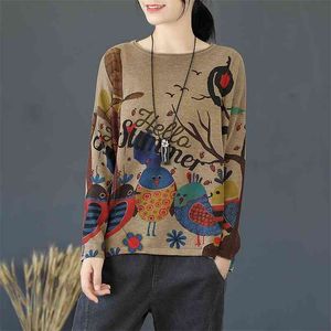 Round neck pullover sweater spring and autumn women's loose plus size cartoon bird print Korean style top 210427