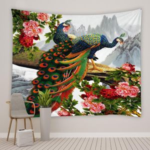 Tapestries Beautiful Birds Tapestry Peacock Peony Flower Plant Butterfly Polyester Fabric Living Room Bedroom Dormitory Bedside Decor Cloth