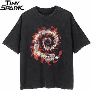 Män Hip Hop Streetwear T Shirt Fire Flame Paisley Skull Ripped Retro Vintage Tvättad T-shirt Harajuku Bomull Tops Tees Black 210716