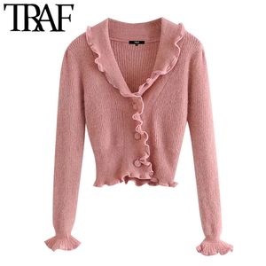 TRAF Женщины Мода с пуговицами Rauffled Tracked вязаный кардиган свитер винтаж с длинным рукавом женский верхняя одежда Chic Tops 210415
