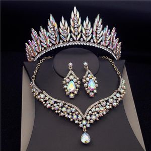 Küpe Kolye Kostüm Kristal Gelin Takı Setleri Kadınlar Diadem Crown Düğün Gelini Tiaras Set Balo Başlığı