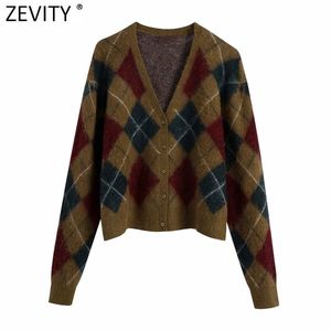 Kvinnor vintage v nacke geometriska mönster cardigan stickning tröja damer chic singel breaded casual retro toppar s498 210420