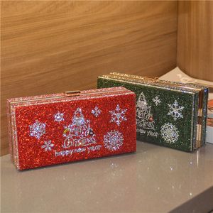 Bolsa de diamante de diamante de saco de embreagem de casamento feminino e bolsa de bolsa de desenhos animados padrão de árvore de Natal elegante sacos de ombro elegantes