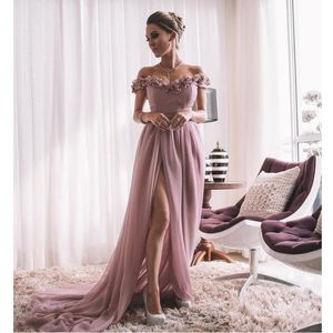 Sexy Off Shoulder Evening Dresses 2021 Side Split Flowers Long Prom Dress Simple Party Formal Occasion Wear Brideamid Special Gowns