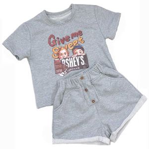 Kids Summer Cotton Clothes Set for Girls Fashion Tees Outfit Clothing Korean Letter Tops and Shorts Causal 210529