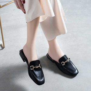 2021 Black Flat Mules Women Shoes Pu Leather Slip on Flats Shoes for Women Square Toe Slippers Ladies Flip Flops Spring Slides Y0907