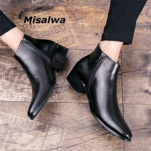 Misalwa Italienska Äkta Läder Män Stövlar Företag Vinter / Spring Zipper / Lace-up British High Boot Mens Cowhide Pointy Boots 210820