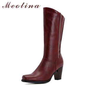 Plac Toe Kobiety Buty High Heel Midd Calf Chunky Buty Zip Kobieta Jesień Zima Wina Czerwona Duży Rozmiar 210517