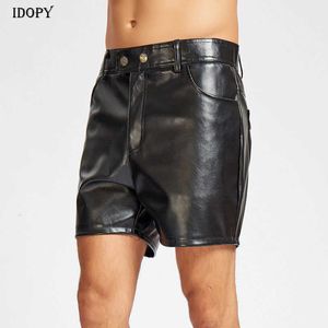 Idopy Punk Leather Short Pants Male Hair Stylist Nightclub Summer PU Stage Performance Hip Hop Men Clothing Shorts X0628