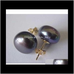 Stud Earrings Jewelry Drop Delivery 2021 10-11Mm Natural Tahitian Black Pearl Earring 14K Gold Clasp Hgkpv