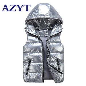 AZYT Glödande Kvinnor Vinter Hooded Vest Coat Fashion Glossy Down Bomull Ärmlös Jacka Kvinna Tjockad Varm Vint Vest 210817