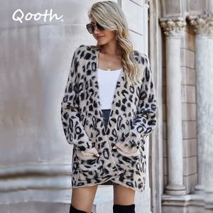 Cardigan con stampa animalier Qooth Donna Maglione leopardato a maniche lunghe Ufficio Inverno pigro Donna con scollo a V Abiti allentati Cappotti QT336 210518