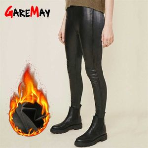 Black PU Faux Leather Leggings Warm Fall Slimming Stretch with High Waist Casual Basic Pants Tights for Women Plus Size 211204