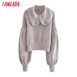 Kobiety Vintage Sweter z dzianiny Jumper Puff Długim Rękawem Peter Pan Collar Kobieta Oversize Swetry CHIC TOPS3H146 210416