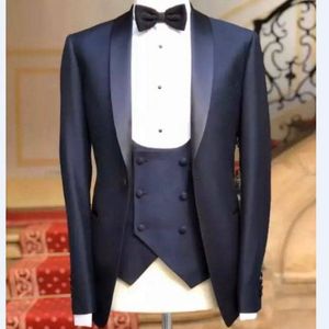 Мужские костюмы Blazers Brand Groomsmen ВМС Blue Groom Tuxedos Шаль Сатин Отворотный Мужчины Свадебный Человек 3 штуки (Куртка + брюки + жилет + галстук) C812