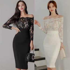 Sexy Off Schulter koreanische Damen Spitze Langarm Nachtclub Büro Party enges Kleid für Frauen China Kleidung 210602