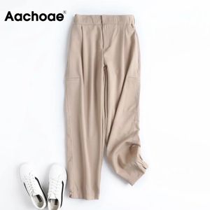 Aachoae Women Streetwear 포켓이있는 고체화물 바지 높은 허리 캐주얼 긴 스포츠 바지 여성 패션 조깅 바지 210413