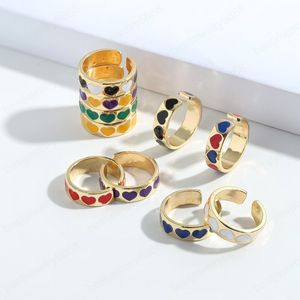 Korean Trendy Colorful Dripping oil Heart Ring for Women Girls Vintage Gold Metal Geometric Open Rings Jewelry