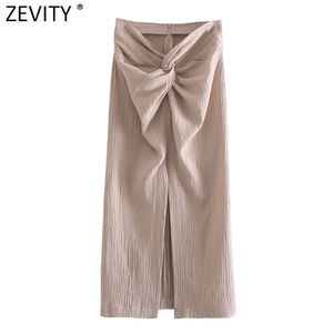 Zevity Women Fashion Solid Knotted Design Split Sarong A Line Skirt Faldas Mujer Female Back Zipper Summer Midi Vestidos QUN770 210730