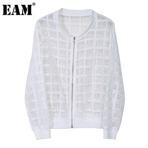 [EAM] Loose Fit White Hollow Out Zipper Jacket Round Neck Long Sleeve Women Coat Fashion Spring Summer 1DD6977 210512
