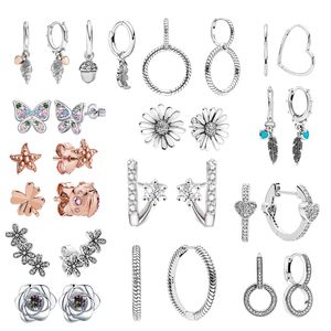 Neue Luxus-Schmuck-Ohrringe für Damen, passend für Pandora-Plata-925-Sterlingsilber, funkelndes Herz, Blume, Rose, Creolen für Damen, Geschenk, DIY-Herstellung