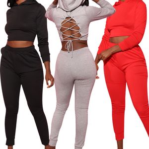 Women Tracksuits Two Pieces Set Solid Colour Long Sleeve Hooded Sweater Backless Bandage Pants Suits Ladies Fashion Outfits 2020