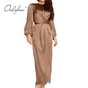 Turquia Cetim Slip Maxi Seda Brilhante Mulheres Muçulmanas Islâmico Minimalista Longo Vestido Grande Primavera Outono 210415