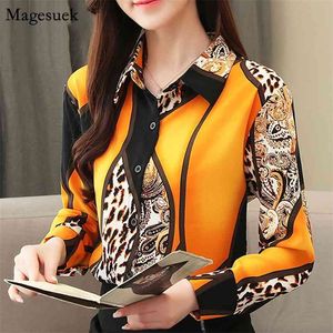 Fashion Chiffon Blouse Women Color Spliced Cardigan Shirts Blouses Printed Leopard Office Long Sleeve Top Blusas 8092 50 210512