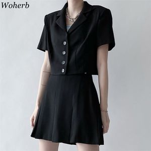 Koreanska Black Suit 2 Piece Set Women Short Sleeve Coat Rops Slim Mini Skirt Femme Roupas Office Lady Två 210519