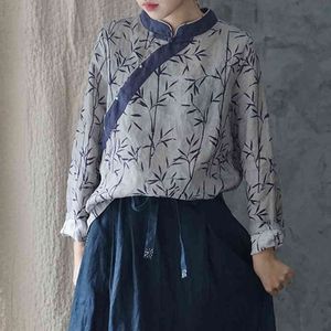 Johnature Китайский стиль пружинные рубашки для женщин печати цветочные блузки стоят с длинным рукавом кнопка рамин женские топы 210521
