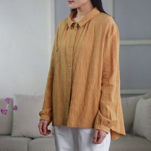 Johnature Women Bawełniane Koszulki żakardowe Solidne Kolor Bluzki Wysokiej Jakości Plus Size Kobiety Tkaniny Wiosna Vintage Top Koszula 210521