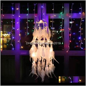 Wholesale feather lights resale online - Party Decoration Dream Catcher Feather Lace Girl Style Handmade Dreamcatcher With String Light Innovative Home Bedside Wall Hanging De Zals1