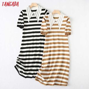 Tangada verão moda mulheres elegante padrão listrado malha vestido de manga curta Peter pan garganta midi vestido yu38 210609