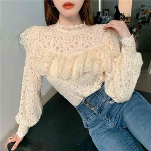 Camicetta da donna Camicie di pizzo coreano Camisas De Mujer Elegantes Collo alto Primavera Autunno top 668B 210420