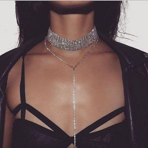 Fashion Full Crystal Rhinestone Chokers Necklace Women Exaggerated Choker Tie Neck Alloy Long Diamond Chain Statement Jewelry