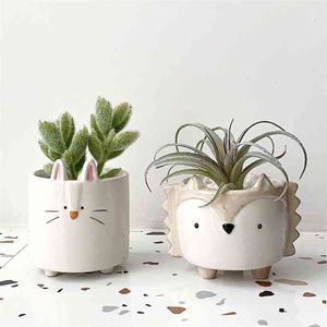 Cartoon Succulent Ceramic Flower Pot Cute Pot Hedgehog Bunny Puppy Small Animal Flower Pot Creative Bedroom Desktop Decoration 210922