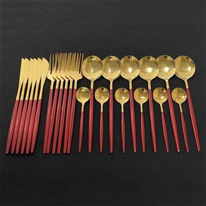 Czerwony Złoto 24pcs Obiadowa Zestaw Sztućce Ze Stali Nierdzewnej Flatware Home Steak Nóż Widelec Kawa Spoon Upscale Zestaw Stołowych 211112